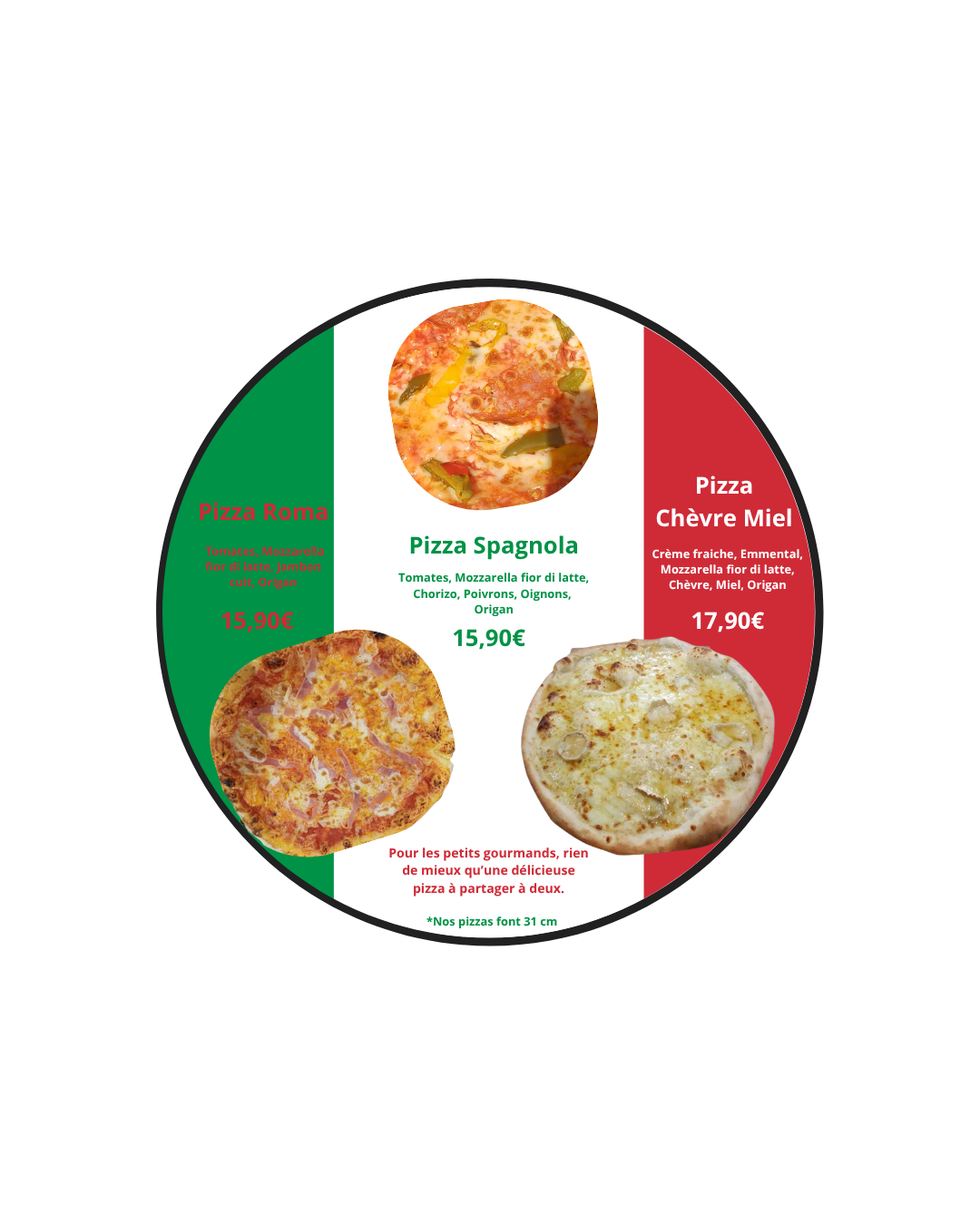 Affiche des pizzas VR Infini : Roma, Spagnola et Ch&egrave;vre Miel